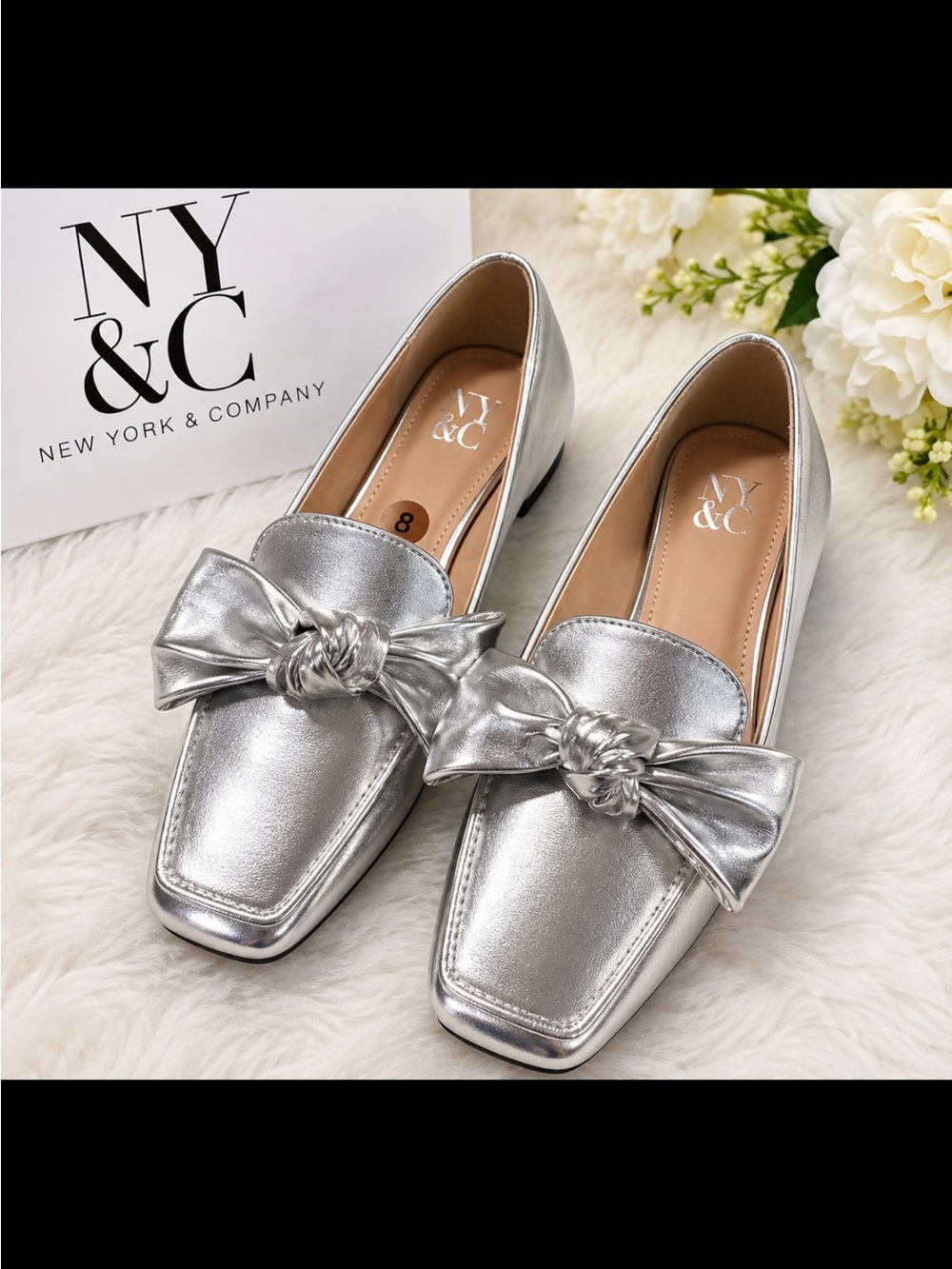 New York & Company Silver Metallic Bow Loafers
